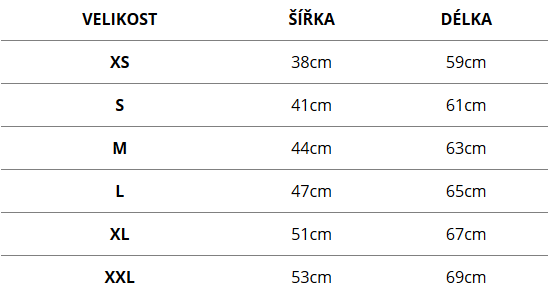 dámská trička - velikostní tabulka